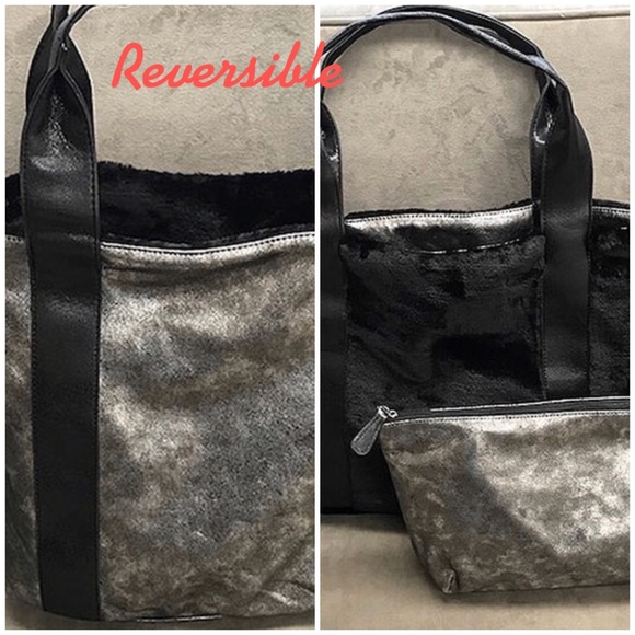 Reversible a Metallic/Black Fur Tote w/Insert,NWT - Picture 1 of 7